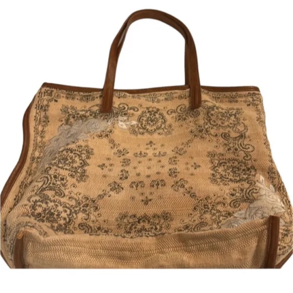 FREE PEOPLE Floral Embroidered Boho shoulder Bag|  Oversized |Beige |Vegan Trim - Picture 6 of 13